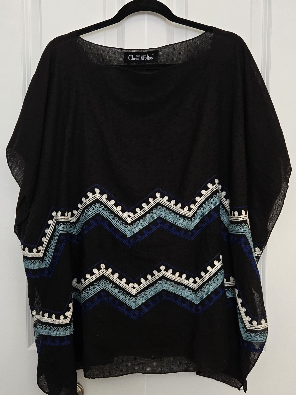 Cherie Bliss Black Embroidered Tunic with Blue Chevron Accent